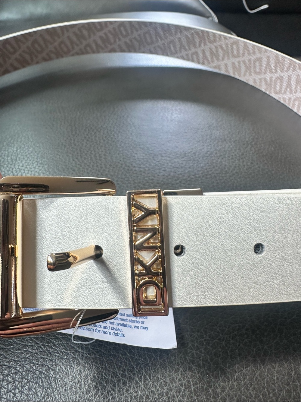 DKNY White Leather Belt with Gold Logo Accent